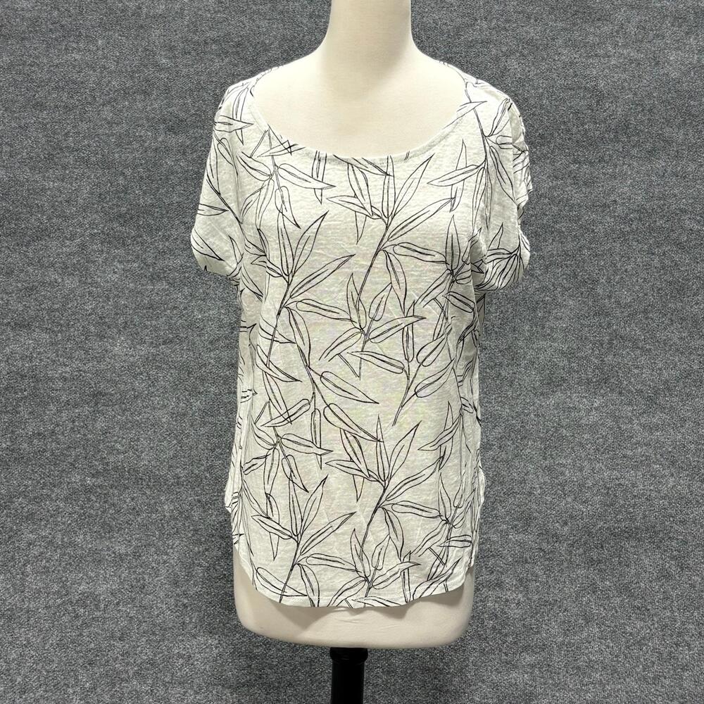 Cynthia Rowley Shirt Womens Large White Linen Print Scoop Neck Short Sleeve Top